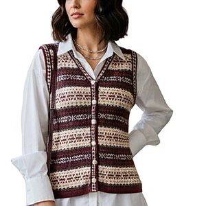 Vintage 80s 90s fair isle pure cotton knit beige burgundy knit sweater vest S